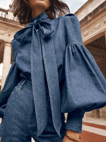 Tied Split-Joint Buttoned Bow-Embellished Puff Sleeves Long Sleeves High Neck Blouses&shirts Tops