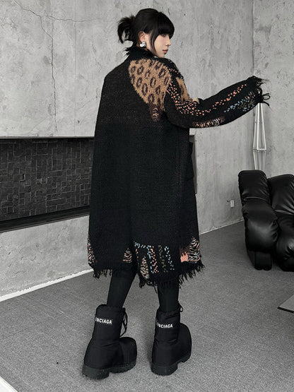 Hipster Long Sleeves Asymmetric Buttoned Contrast Color Leopard Pockets Split-Joint V-Neck Cardigan Tops