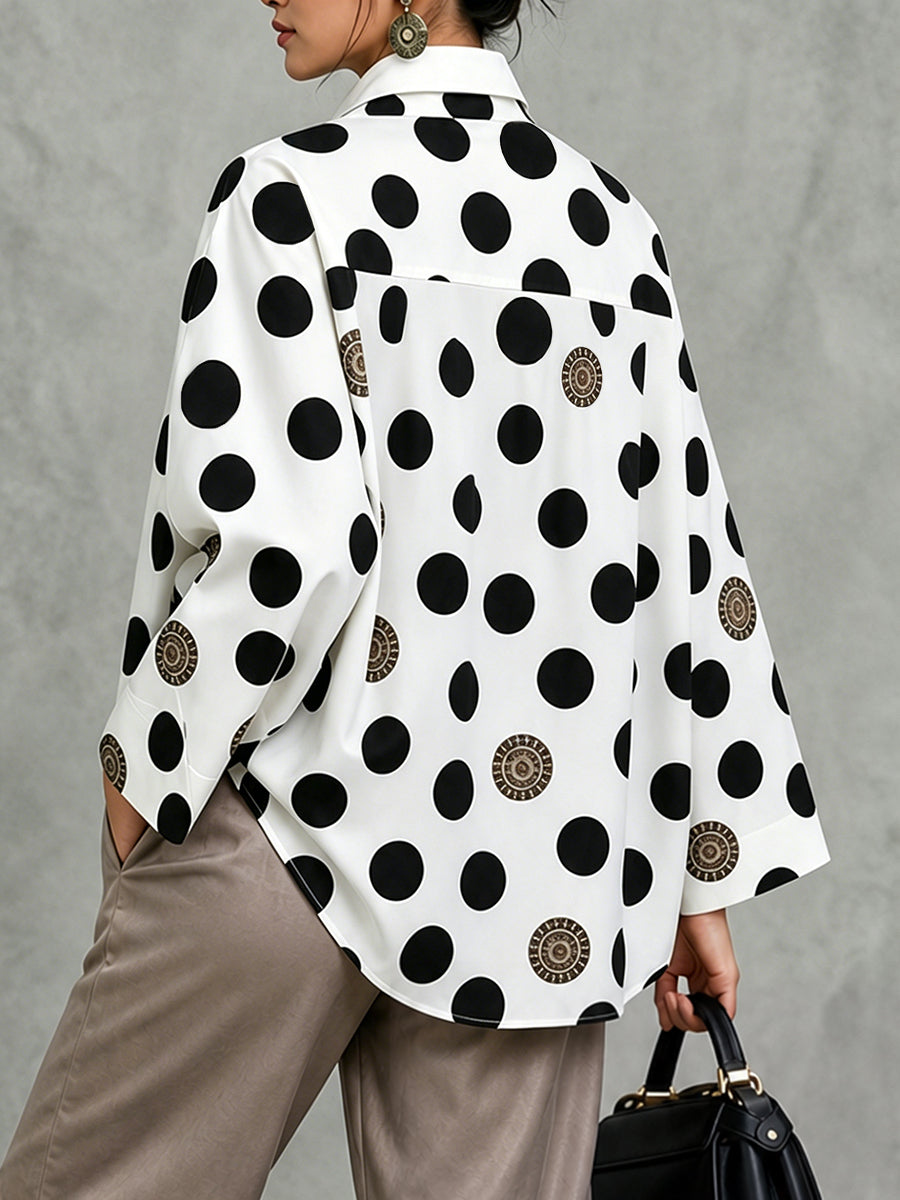 Long Sleeves Loose Buttoned Polka Dot Printed V-Neck Blouses&Shirts Tops