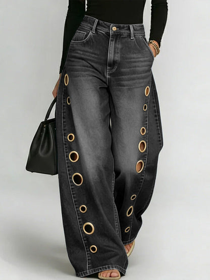 Split-Joint Pockets Hollow Geometric Buttoned Wide Leg Loose Jean Pants Bottoms