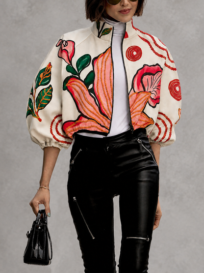 Zipper Leaves Print Flower Print Elasticity Contrast Color Three-quarter Sleeves Puff Sleeves Stand Collar Outerwear Jackets
