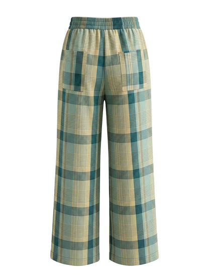 Pockets Plaid Contrast Color Wide Leg Loose Trousers Pants