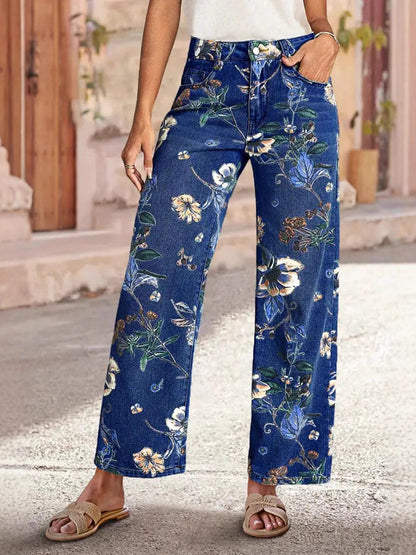 Pockets Flower Print Contrast Color High Waisted Trousers Jean Pants Bottoms