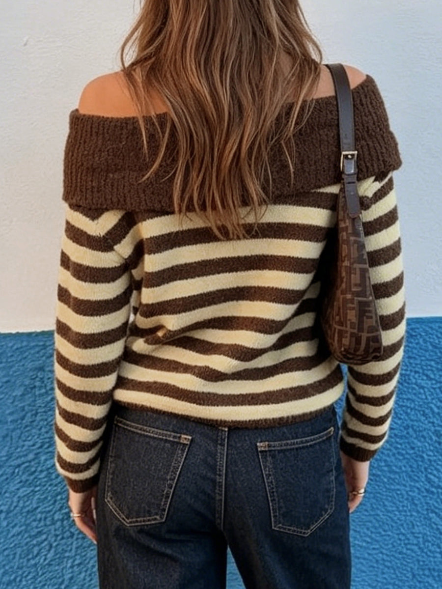 Striped Contrast Color Loose Long Sleeves Off-the-shoulder Sweater Tops