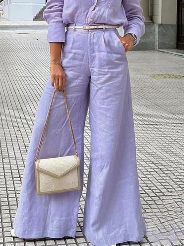 High Waisted Loose Solid Color Split-Joint Pants Trousers PURPLE