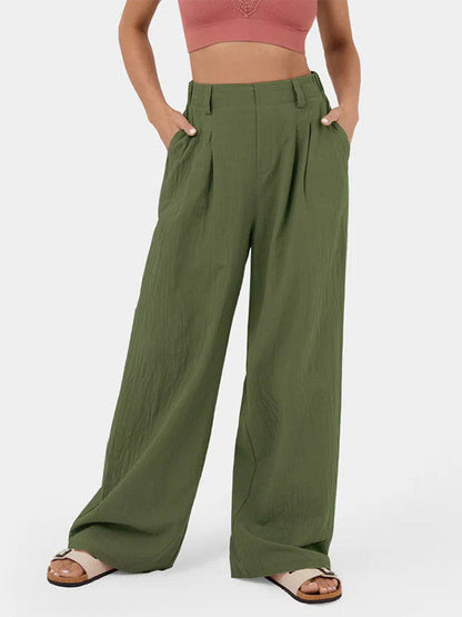 Loose Wide Leg Pleated Solid Color Split-Joint Pants Trousers ARMY GREEN