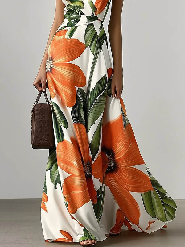 Loose Sleeveless Floral Printed Split-Joint V-Neck Evening Dresses Maxi Dresses