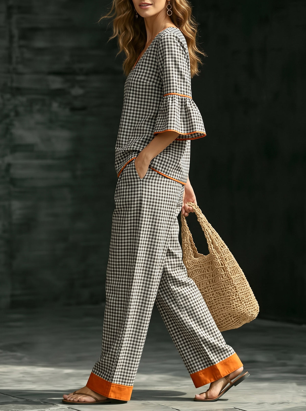 Pockets Plaid Contrast Color Wide Leg High Waisted Trousers Pants