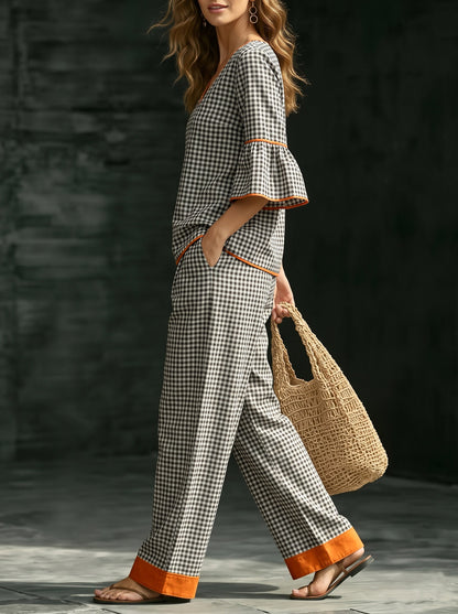 Pockets Plaid Contrast Color Wide Leg High Waisted Trousers Pants