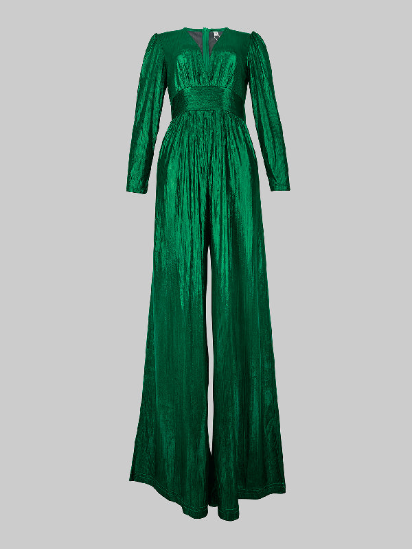 Hoch taillierte Dreiviertelärmel, glänzende, einfarbige Jumpsuits mit tiefem V-Ausschnitt 