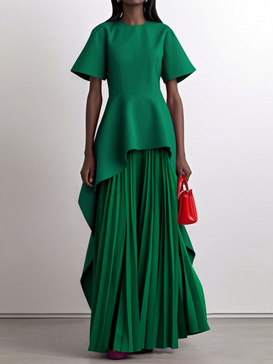 Split-Joint Solid Color Pleated Short Sleeves Loose Round-Neck Maxi Dresses