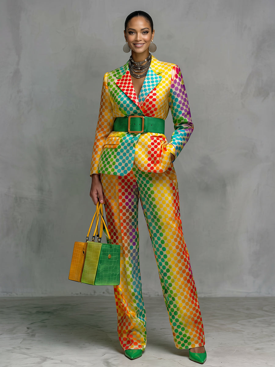 Polka-Dot No Belt Contrast Color Colorful Long Sleeves Notched Collar Outerwear Blazer