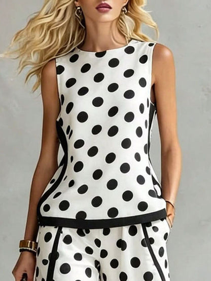 Sleeveless Contrast Color Polka Dot Round-Neck Tank Top