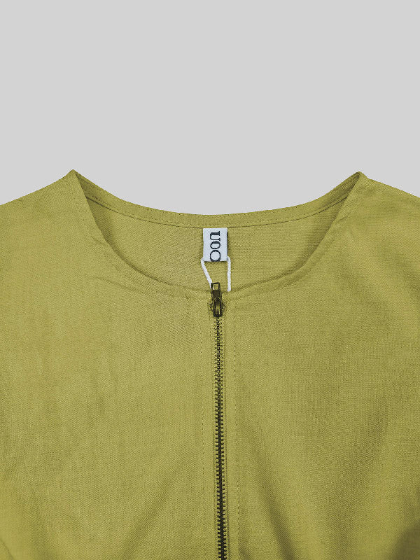 Robe longue trapèze ample à poches plissées, fermeture éclair fendue et col rond 