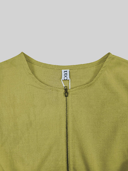 Robe longue trapèze ample à poches plissées, fermeture éclair fendue et col rond 