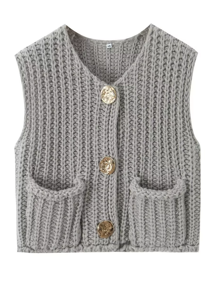 Sleeveless Buttoned Pockets Solid Color Cardigan Tops Knit Top