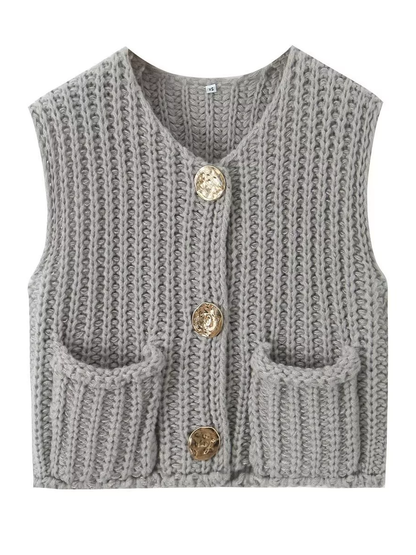 Sleeveless Buttoned Pockets Solid Color Cardigan Tops Knit Top