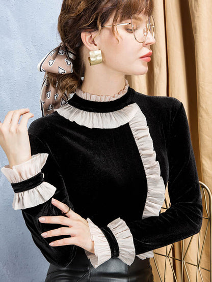 Long Sleeves Ruffle Sleeves Asymmetric Contrast Color Split-Joint Half Turtleneck T-Shirts Tops