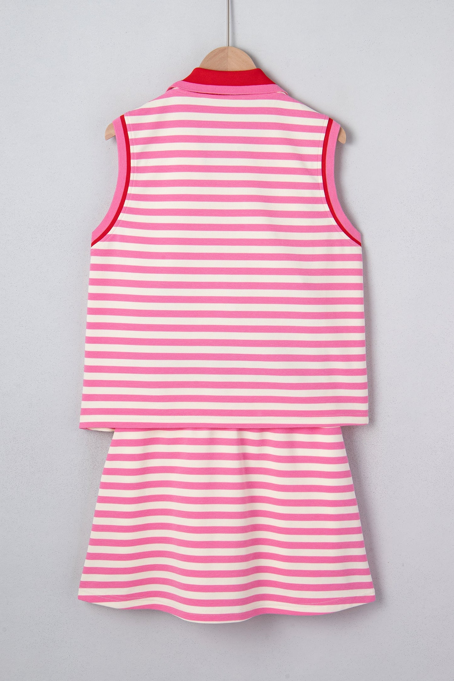 Dark Blue Textured Stripe Print Contrast Trim Zip Collar Sleeveless 2pcs Skort Set