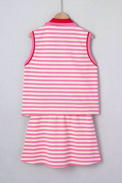 Dark Blue Textured Stripe Print Contrast Trim Zip Collar Sleeveless 2pcs Skort Set
