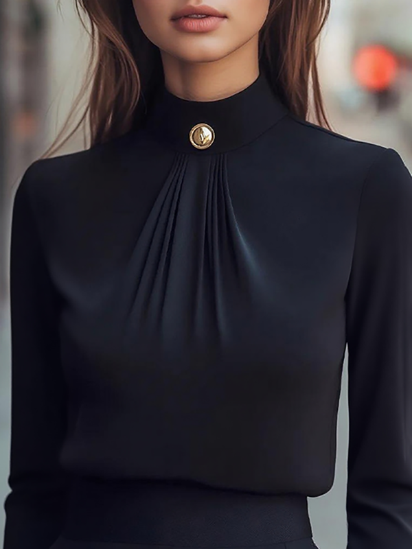 Long Sleeves Buttoned Pleated Solid Color Mock Neck Blouses&Shirts Tops