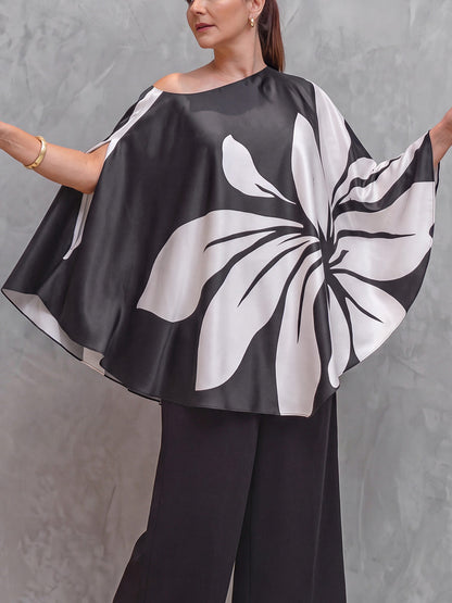 Batwing Sleeves Long Sleeves Contrast Color Flower Print Split-Side One-Shoulder Blouses&Shirts Tops