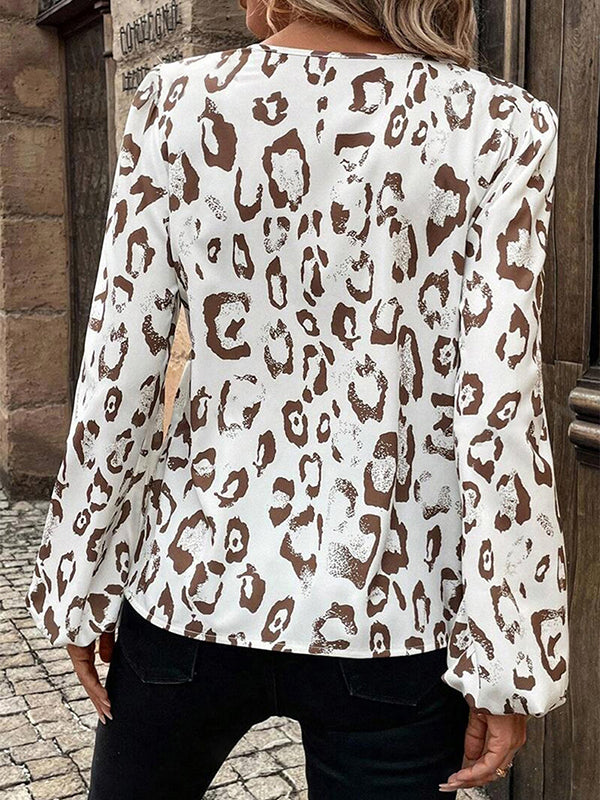 Long Sleeves Loose Contrast Color Elasticity Leopard V-Neck Blouses&Shirts Tops