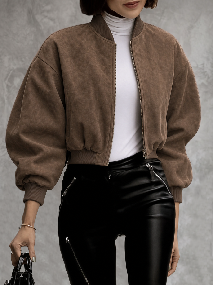 Zipper Solid Color Elasticity Long Sleeves Cropped Round-neck Outerwear