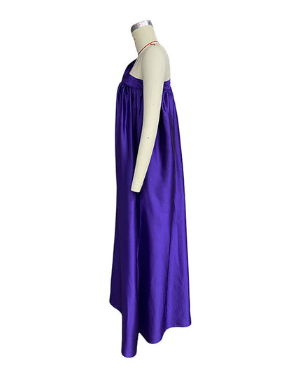 Robe longue trapèze ample asymétrique plissée de couleur unie nouée à une épaule 