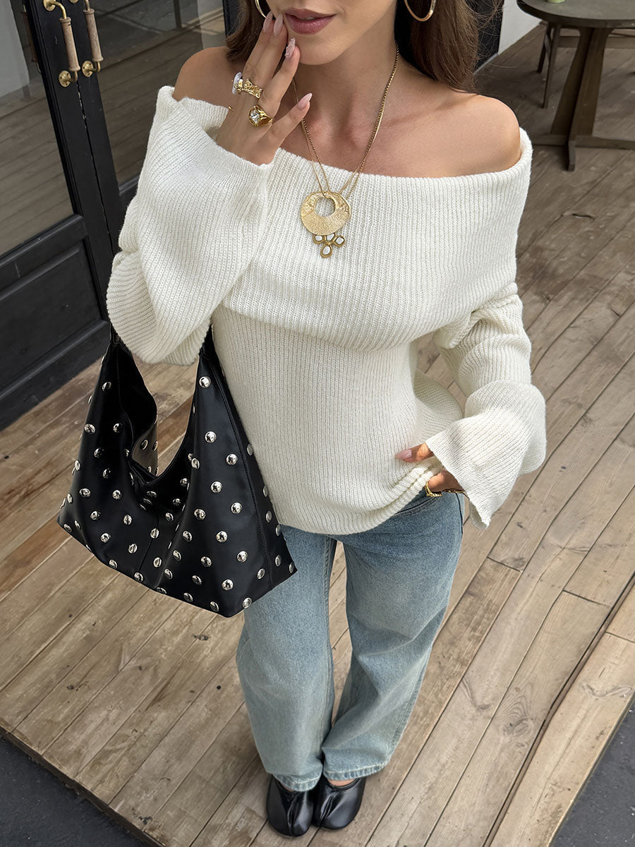 Solid Color Loose Long Sleeves Off-the-shoulder Blouses&shirts Tops