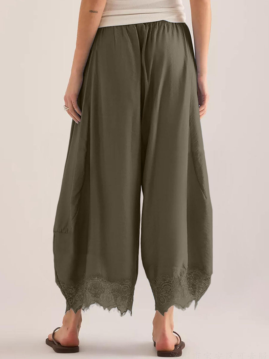 Split-Joint Solid Color Pockets Elasticity Drawstring Wide Leg Loose Trousers Pants