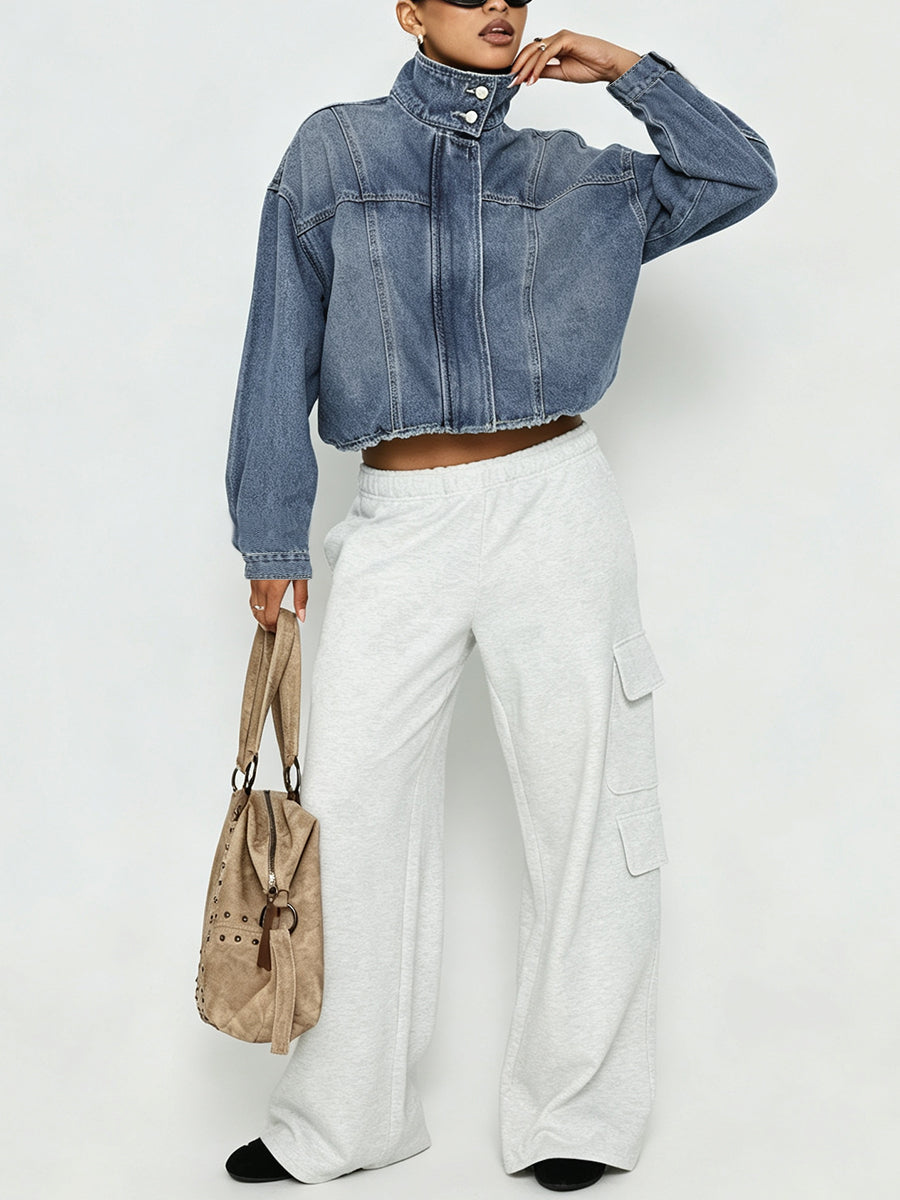 Zipper Elasticity Buttoned Loose Long Sleeves Stand Collar Outerwear Jackets