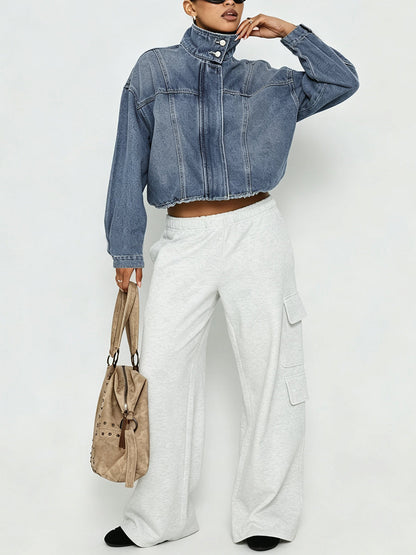 Zipper Elasticity Buttoned Loose Long Sleeves Stand Collar Outerwear Jackets
