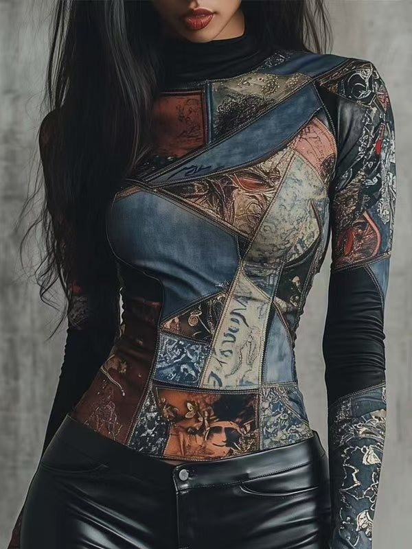 Irregularity Long Sleeves Contrast Color Printed Split-Joint Half Turtleneck Blouses&Shirts Tops