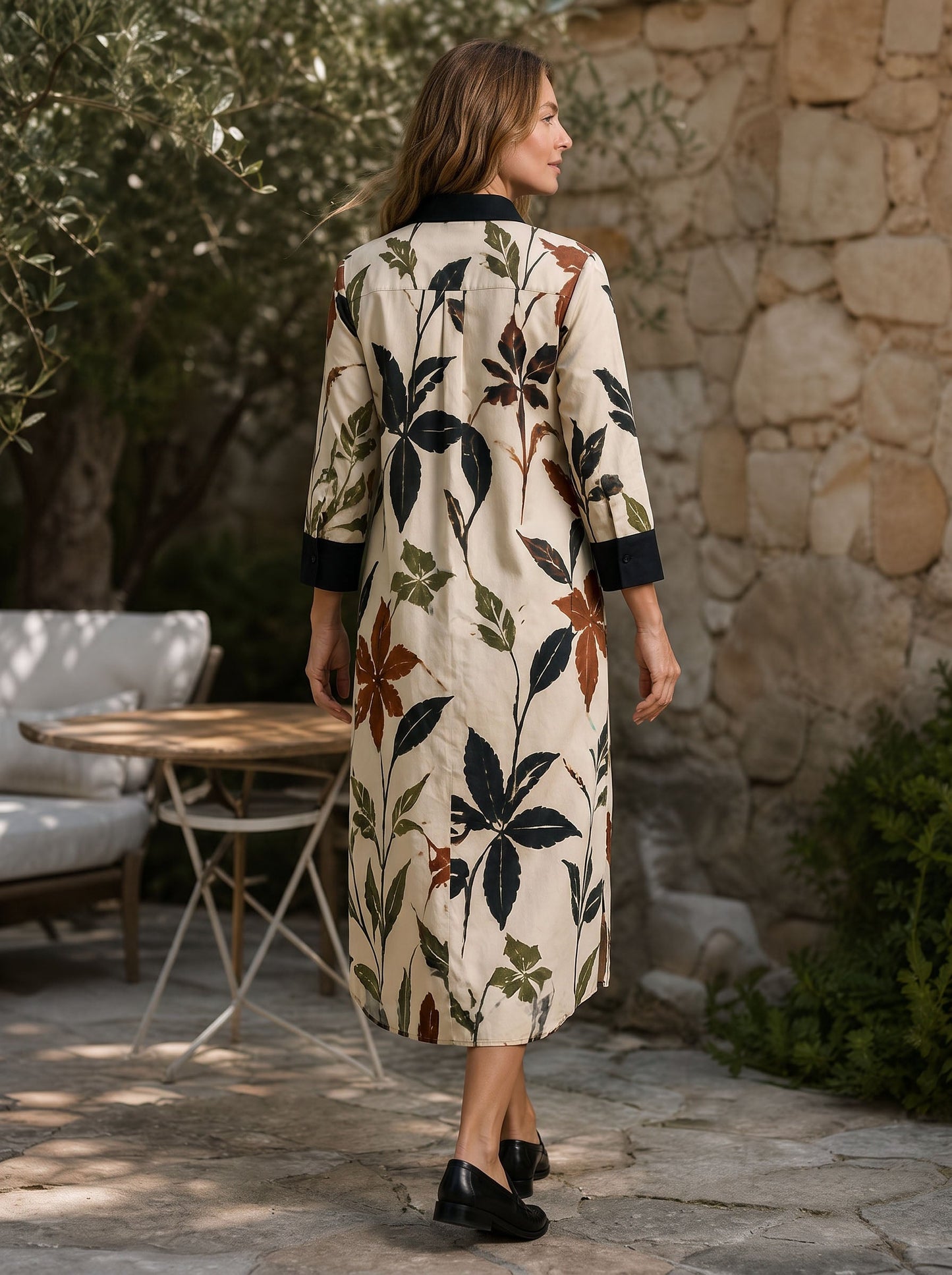 Split-side Pockets Leaves Print Buttoned Three-quarter Sleeves Loose Lapel Shirt Dress Midi Dresses