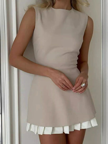 Mini-robes plissées sans manches, couleur unie, à volants et col rond 