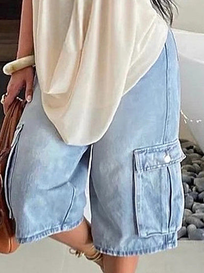 Loose Wide Leg Pockets Split-Joint Denim Half Pants