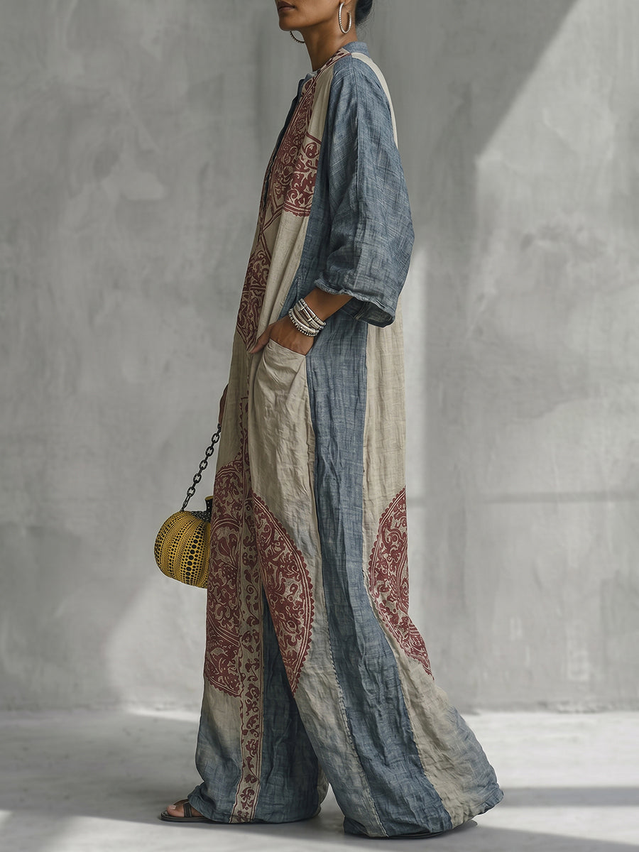 Loose Three-Quarter Sleeves Contrast Color Ethnic Printed Pockets V-Neck Jumpsuits