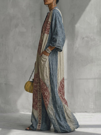 Loose Three-Quarter Sleeves Contrast Color Ethnic Printed Pockets V-Neck Jumpsuits