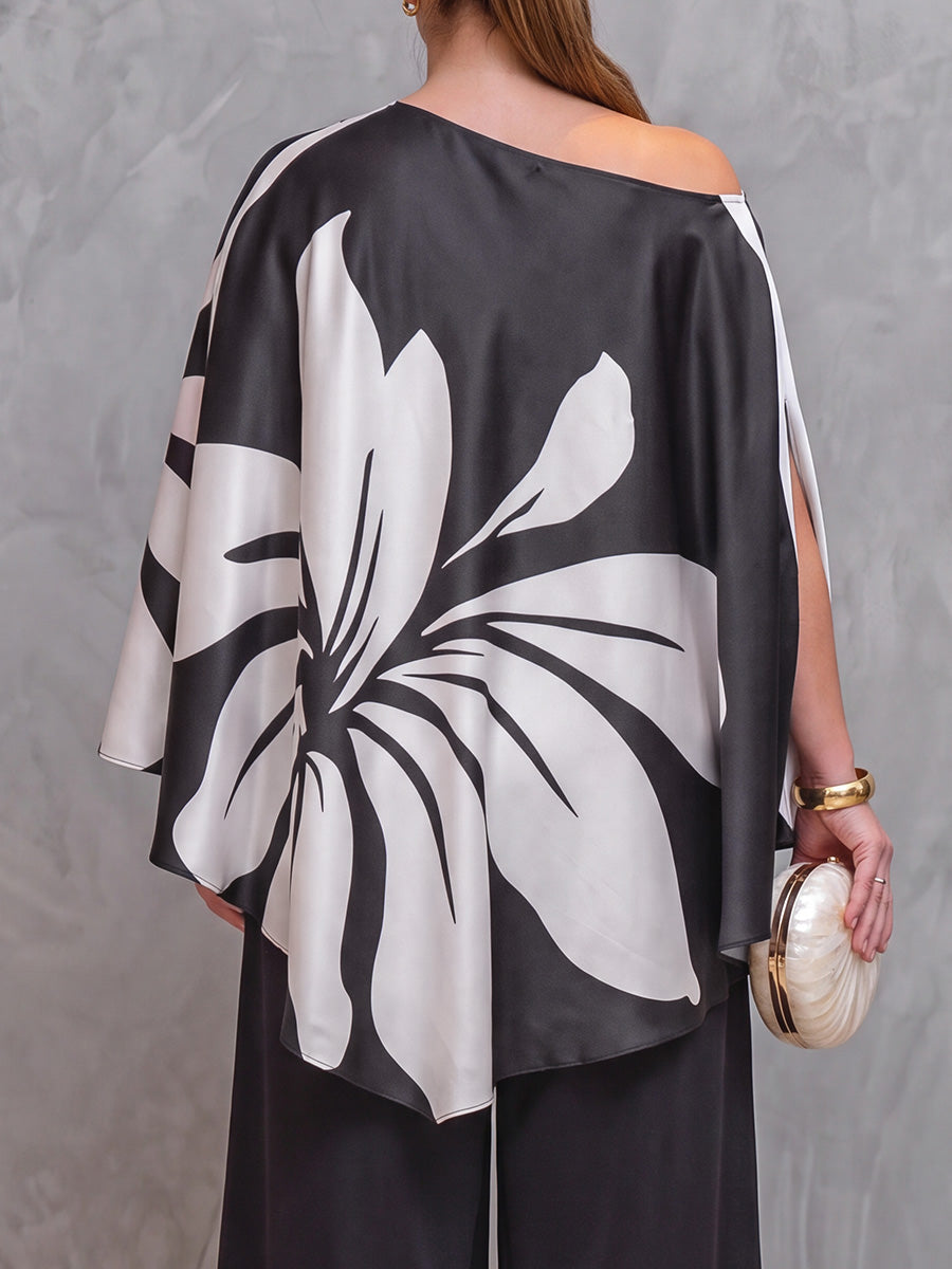 Batwing Sleeves Long Sleeves Contrast Color Flower Print Split-Side One-Shoulder Blouses&Shirts Tops