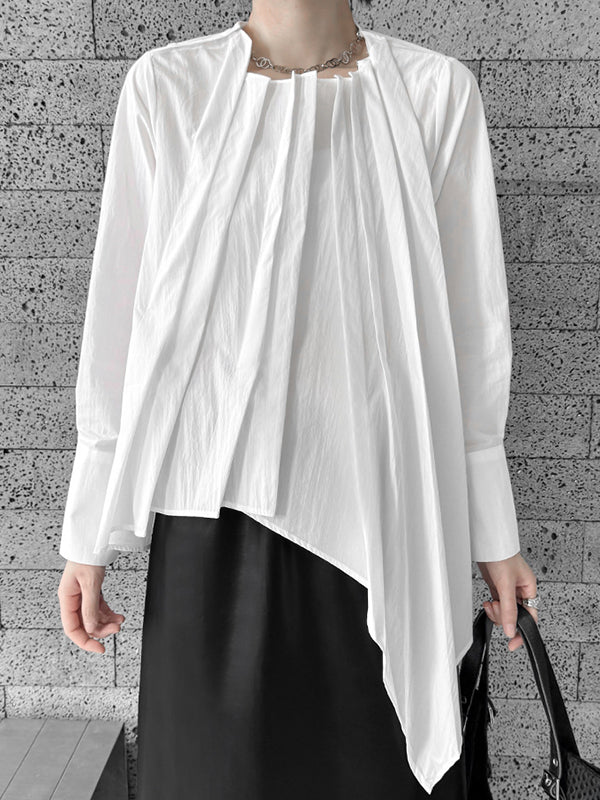 Hipster Irregularity Asymmetric Pleated Solid Color Round-Neck Blouses&Shirts Tops