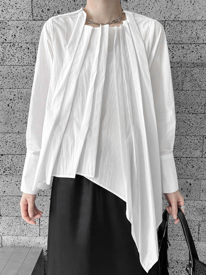 Hipster Irregularity Asymmetric Pleated Solid Color Round-Neck Blouses&Shirts Tops