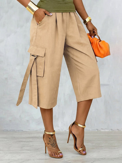 High Waisted Wide Leg Pleated Pockets Solid Color Split-Joint Streamer Cropped Trousers