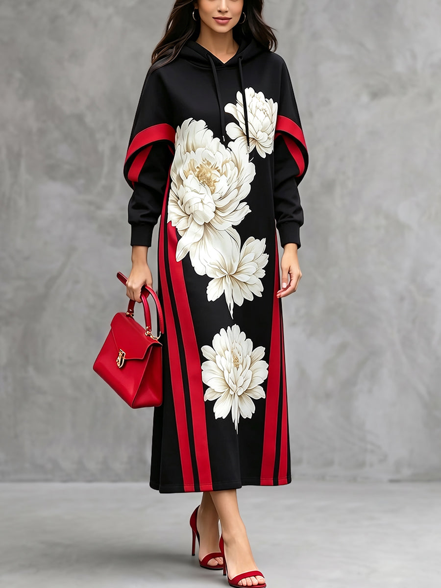 Flower Print Drawstring Contrast Color Long Sleeves H-line Hooded Midi Dresses