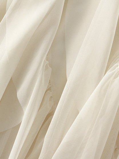 A-Line Loose Elasticity Gauze Pleated Solid Color Split-Joint Skirts