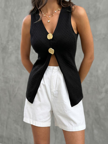 Sleeveless Buttoned Solid Color Textured V-Neck Vest Top