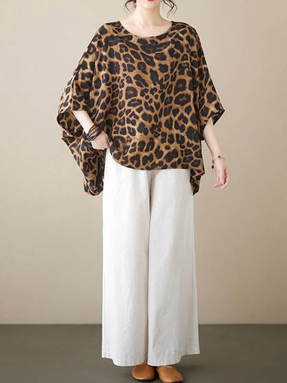 Batwing Sleeves Loose Leopard Round-Neck T-Shirts Tops