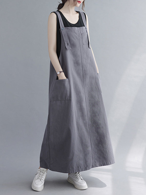 Robe décontractée à bretelles de couleur unie avec poche 