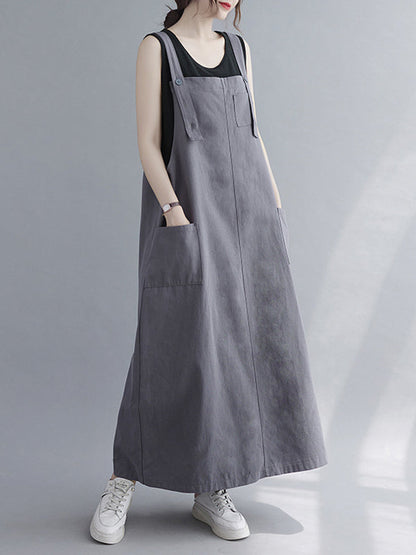 Robe décontractée à bretelles de couleur unie avec poche 