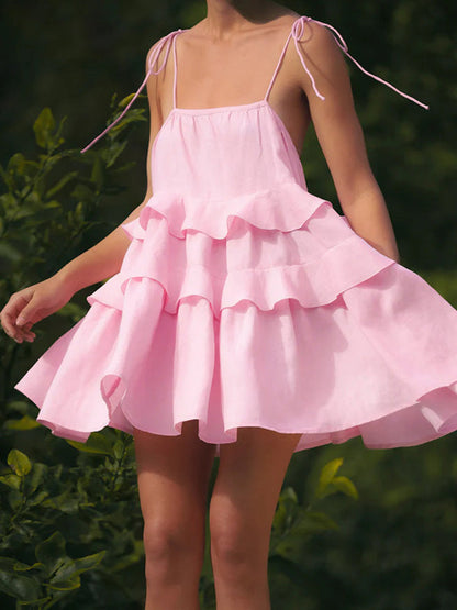 A-Line High Waisted Backless Layered Pleated Solid Color Spaghetti-Neck Mini Dresses